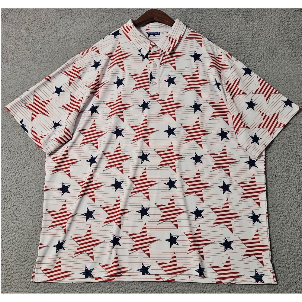 Hreski Mens Size‎ XXL 2XL Gliding Striped Red Blue Stars Golf Polo Short Sleeves